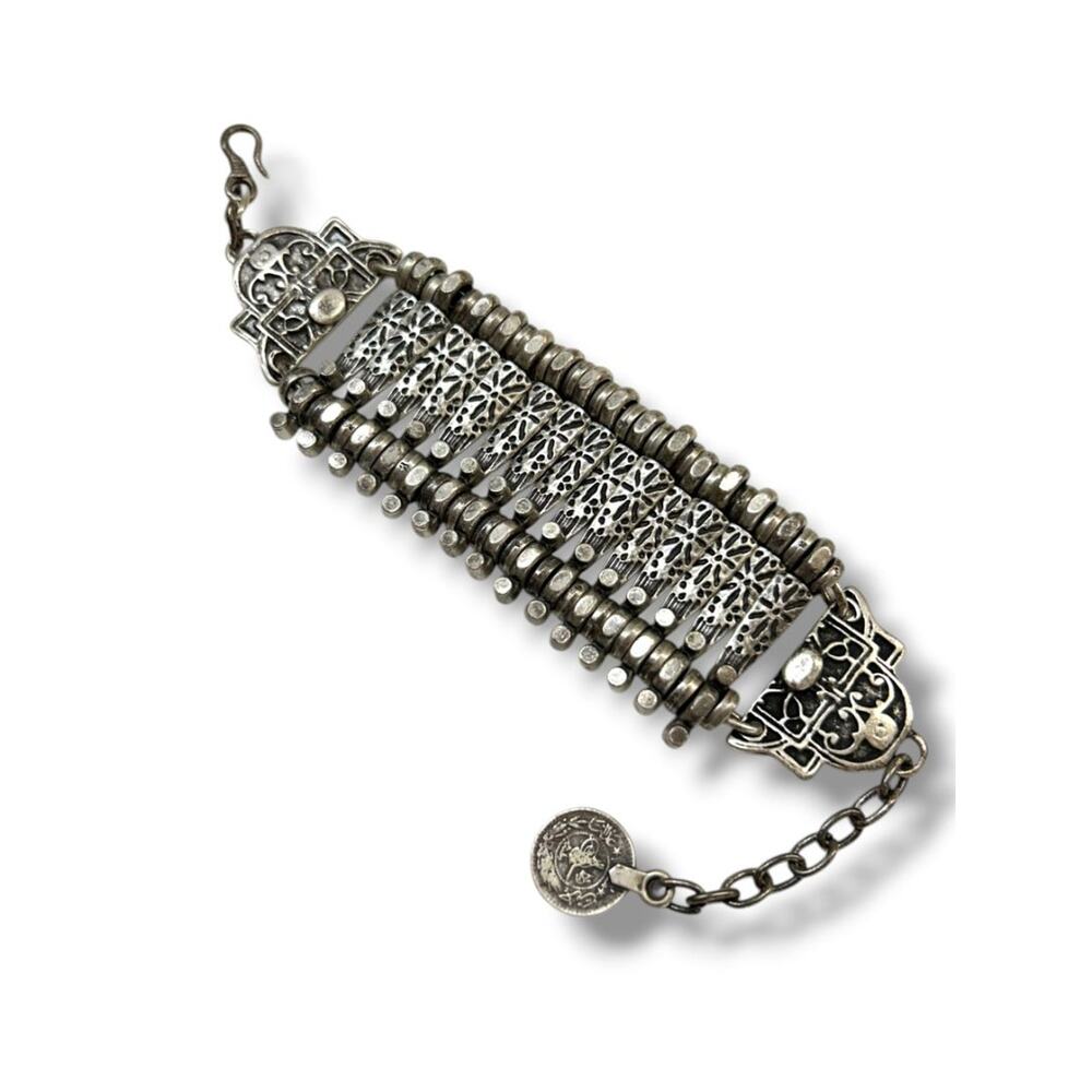 Vintage Turkish Silvertone Coin Link Bracelet Boho 7-8" Lobster Clasp